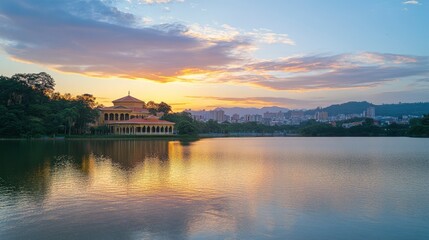 Fototapeta premium Beautiful sunset at putra mosque, ketrofit reflection of the majestic building on water surface, distant view of cityscape and hills, serene blue sky with scattered clouds, wide angle lens