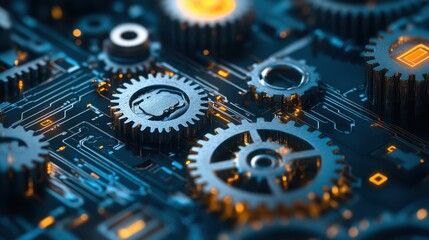 An image depicting gears and cogs transitioning into digital circuits, symbolizing the transformative impact of the technological revolution.