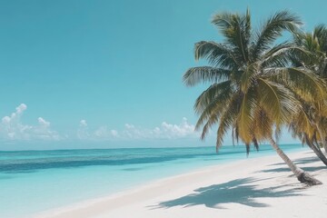 Obraz premium Beautiful tropical beach with palm trees and clear blue water in the Maldives, National Geographic quality, with very sharp focus, highly detailed, and extremely high resolution. 20-megapixel shot 