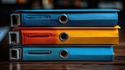 Obraz premium Three colorful binders stacked on a wooden surface.