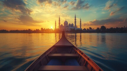 Naklejka premium Beautiful view of emulation at sunset with reflection on water and historical mosque in background. taking photos from the boat that you can see both me as well as an empty space around my body.