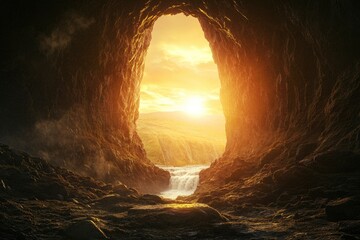 Beautiful view of the majestic waterfalls Seljalandsfoss in Iceland, during sunset, from behind the cave entrance. Stock photo, high-resolution photography, professional color grading, clean sharp 