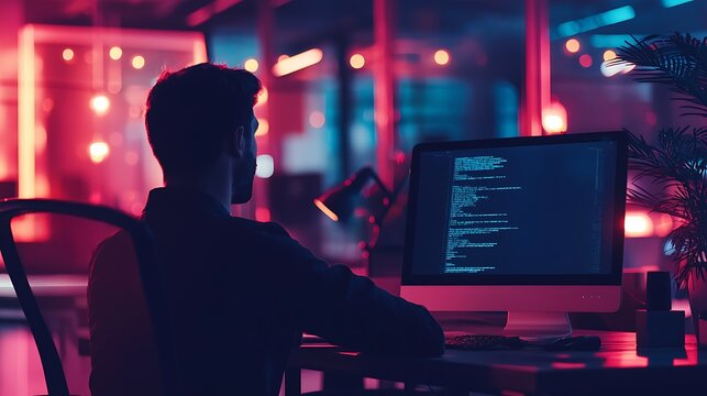 A man is sitting at a desk in front of a computer monitor