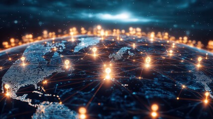 An image illustrating a global network structure with data exchanges and customer connections, highlighting the concept of Customer Relationship Management (CRM) within a social network context.