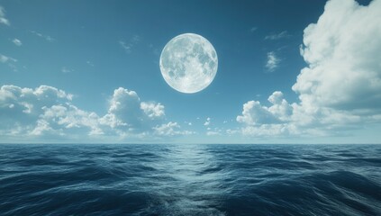 Blue moon over the ocean with clouds, dark blue sky, fantasy background, fantasy landscape, fantasy illustration, fantasy art style, high resolution, hyper-realistic, high definition, high quality