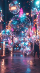 Breathtaking abstract composition featuring a cluster of glowing iridescent bubble spheres casting a captivating kaleidoscopic light display in a surreal dreamlike fantasy realm  The vibrant