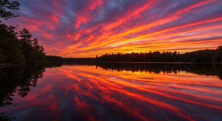 Obraz premium Spectacular sunset reflection over tranquil lake surrounded by pine forest