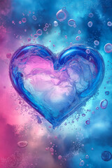 Fototapeta premium Water heart with bubbles, love and romance concept. Abstract liquid heart with bubbles on a colorful background. Dreamy water heart, ethereal background with bubbles.