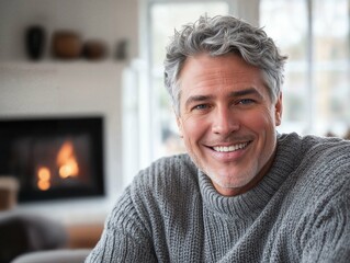 Middle-Aged Man Smiling in Cozy Living Room with Elegant Sweater and Natural Light