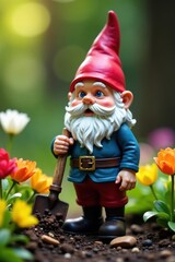 A tiny gnome tends vibrant flowers, shovel nearby , artwork, shovel, orange