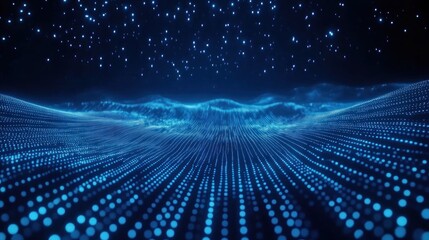 Abstract blue digital landscape with glowing particles.