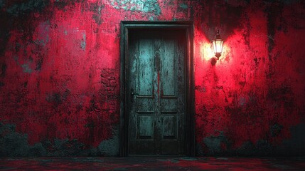 A weathered door against a red wall with a lantern.