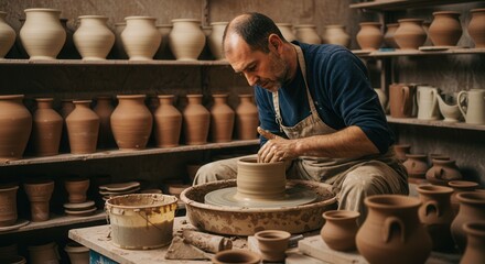 Artisan creates pottery on wheel surrounded by clay vases in workshop
