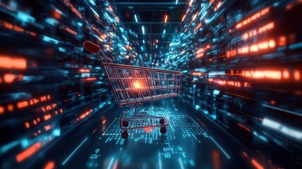 Fototapeta premium An image of a shopping cart seamlessly moving with digital data flowing around it, representing the integration of e-commerce and online shopping.