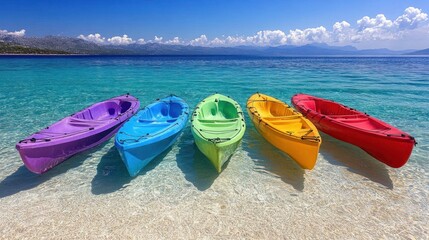 Colorful kayaks lined up on a tranquil beach.