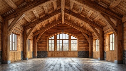 Spacious wooden interior with large windows.