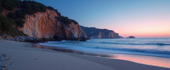 Twilight Beach Walk featuring serene waves caressing tranquil sands under a gradient sky, capturing peace and relaxation during dusk at a secluded coastal landscape