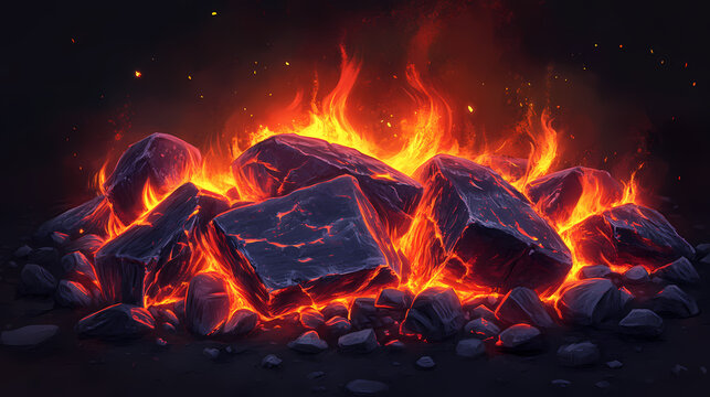 Smokey charcoal embers glowing with intense flames, illuminated against a dark background, evoking a sense of warmth and summer outdoor gatherings. Emberglow. Illustration