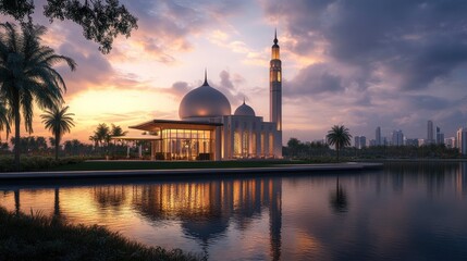 Beautiful view of Thefirst Pl Innovated Modern Beauty Beautiful View Blue Sky with reflection in water at sunset, Island from the lake featuring covered Backbar and Aesthetic designed lawn area below 