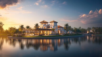 Obraz premium Beautiful view of Thefirst Pl Innovated Modern Beauty Beautiful View Blue Sky with reflection in water at sunset, Island from the lake featuring covered Backbar and Aesthetic designed lawn area below 