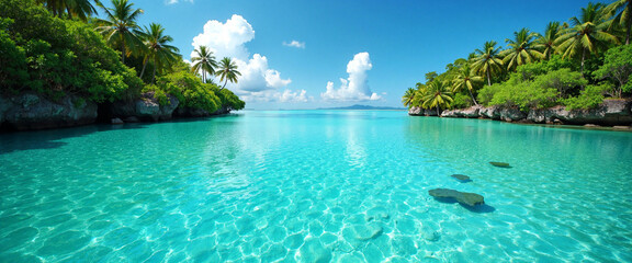 Crystal Clear Lagoon with turquoise water, surrounded by lush green palm trees, conveys a serene and tropical paradise feeling, inviting relaxation by the tranquil shoreline