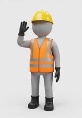 3D Construction Worker Waving Safety Gear Helmet Vest