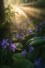 Fototapeta premium Bluebell forest in spring with sunbeams piercing through the trees, creating an enchanting scene of vibrant purple flowers and lush green foliage. High-resolution photography, insanely detailed,