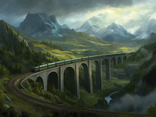 Train Snaking Over Stone Bridge Surrounded by Breathtaking Landscape