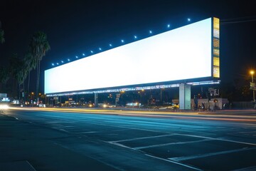 Blank illuminated billboard towering over night city street, vibrant lights, palm trees, urban advertising, advertising concept