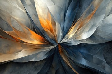 Abstract fractal art depicting swirling, translucent petals in shades of gray, orange, and blue.