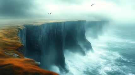 Dramatic coastal cliffs with birds in stormy weather.