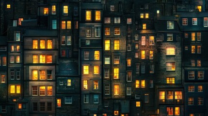A night view of a densely packed building facade with illuminated windows.