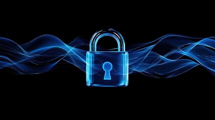 Abstract blue glowing padlock surrounded by energy waves on black background.