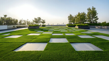 Green rooftop with manicured grass and geometric stone pathways, designed for a luxury eco-friendly urban building