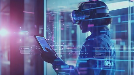 A woman is wearing a virtual reality headset and holding a tablet