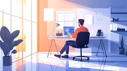 A man is sitting at a desk in a room with a potted plant and a window