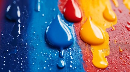 Close-up of vibrant paint droplets, showcasing texture and color mixing.