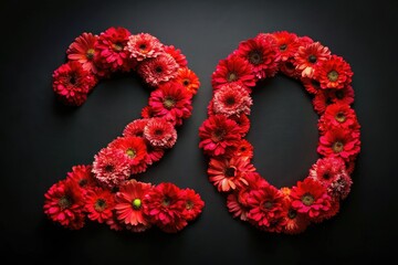 A vibrant red flower, sharply detailed against a panoramic black backdrop, forms the numeral 20.  Stunning floral photography.