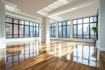 Fototapeta premium Modern urban townhouse with spacious sunlit interiors and panoramic city views for sale.