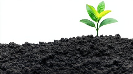 Naklejka premium Black soil with a green plant isolated on a transparent background, cut out in PNG format.