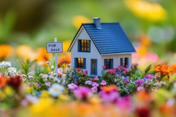 Miniature house model with for sale sign surrounded by colorful flowers in vibrant garden setting