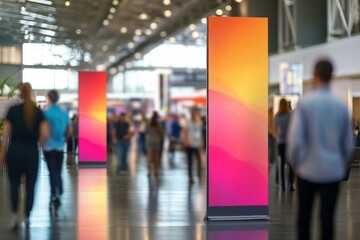  Trade show banner mockup with vibrant colors in busy exhibition hall setting for commercial use and branding concept