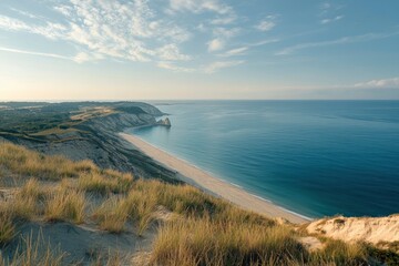 Dramatic view of the Dune du Pylongeon in France, overlooking a blue sea and an arch rock formation on grassy cliffs at sunrise. Odyssey. High resolution photography, stock photo with copy space 