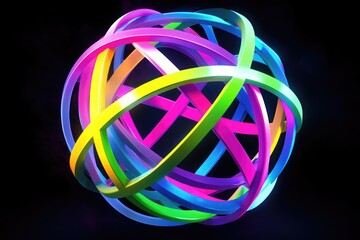 A vibrant sphere constructed from interwoven, luminous, multicolored rings against a stark black backdrop.