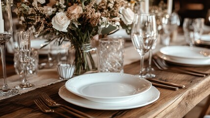 Charming rustic table setting featuring white plates, elegant glassware, and a delicate floral centerpiece, perfect for a wedding or special event.