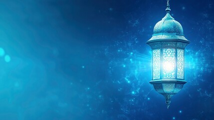 Fototapeta premium Eid Mubarak and Ramadan Kareem greetings with an Islamic lantern, mosque texture background, blue color theme, space for text on the right side, sharp focus, illustration, light rays, and a glow 