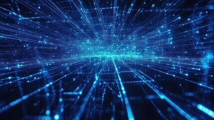 Abstract digital data stream, glowing blue lines and particles converging towards the viewer.