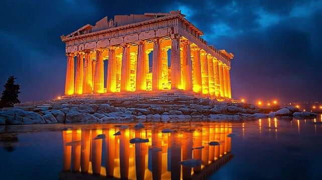 This Parthenon glows under evening lights, casting reflections on the tranquil water below.