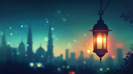Eid Mubarak and Ramadan Kareem greetings with an Islamic lantern, a mosque skyline with a bokeh background for Eid al-Fitr and Eid al-Adha, vector illustration.wallpaper background. Image design 