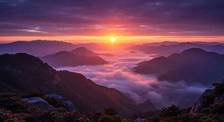 Majestic Sunrise over Misty Mountain Ranges Scenic Landscape Photography